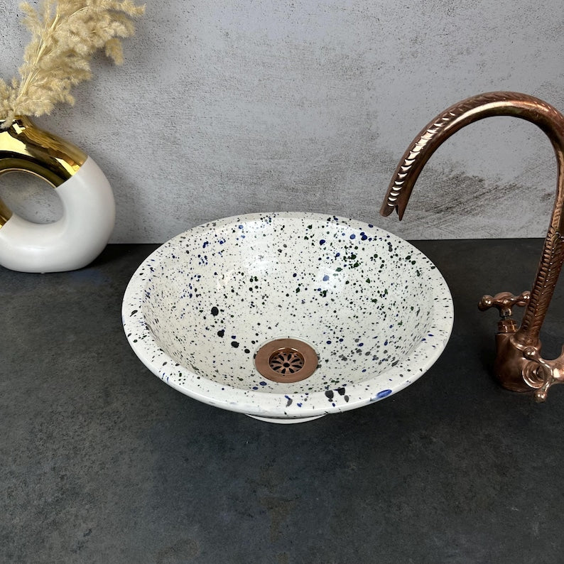 Custom made basin handmade - farmhouse round sink ceramic floral design