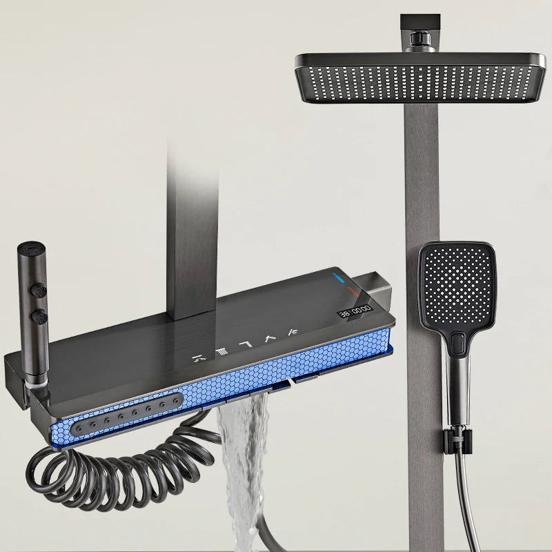 Grey Bathroom Shower Faucet Digital Display Bathroom Rain Shower Faucet Set Shower System Ambient Light Back massage