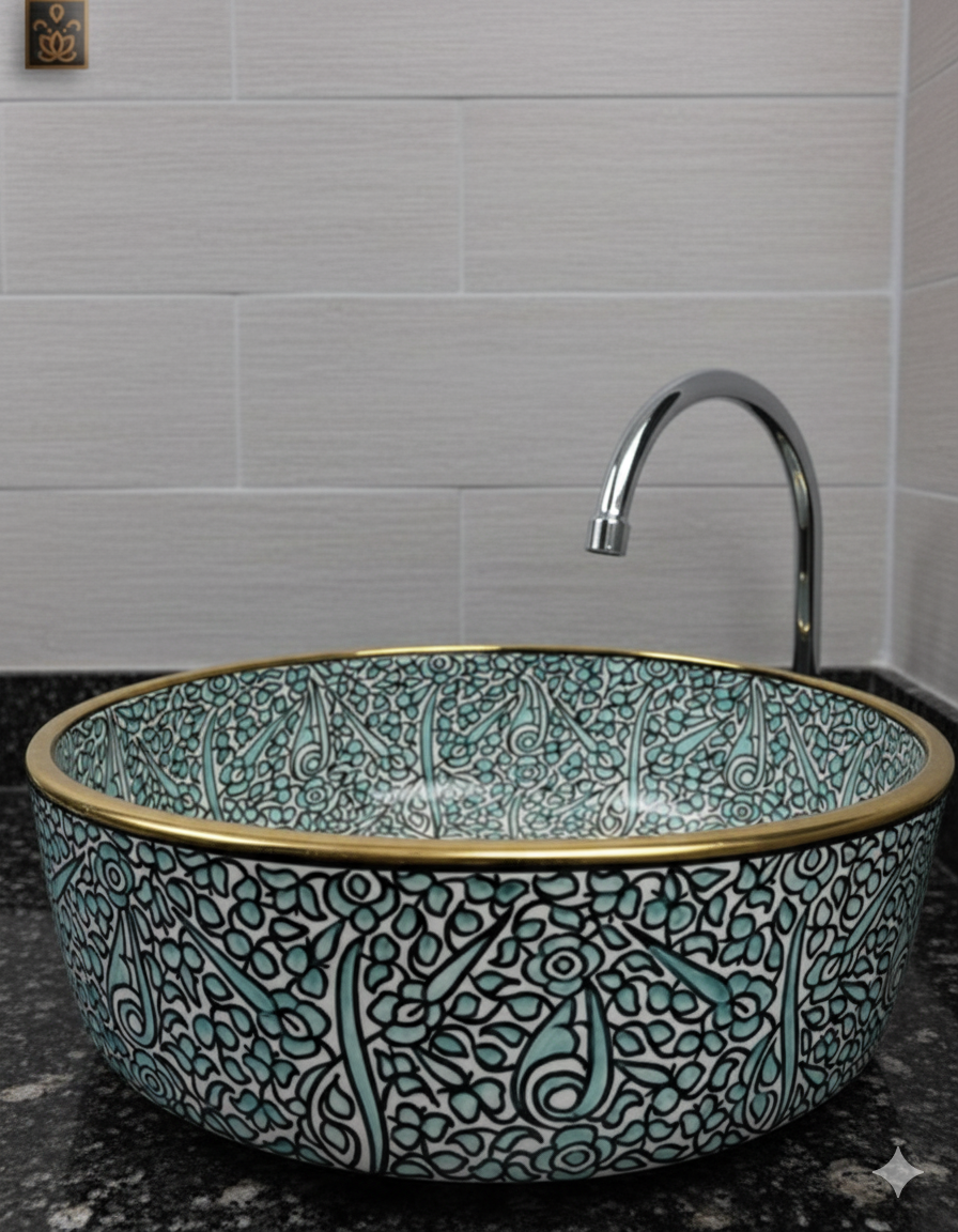 Elegante turkooisblauwe handgeschilderde keramische wastafel