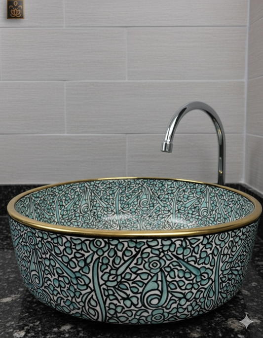 Elegante turkooisblauwe handgeschilderde keramische wastafel