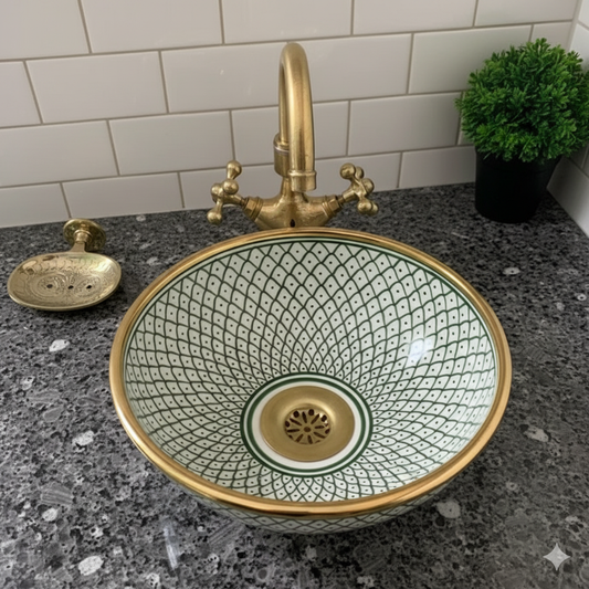 Sophia Design Sink – Handmade Porcelain Ceramic Wash Basin with 14k Gold Rim, High-Quality, Scratch and Stain Resistant, Multiple Colors
