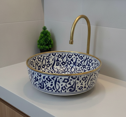 Lavatory Gold 14k with Moroccan ceramic design, Traditional craftsmanship in vessel sink, Gift of handcrafted and Hand-painted washbasin