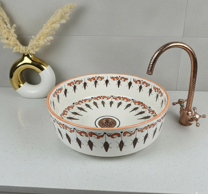 Moroccan Hand-Painted Ceramic Sink, Round Basin with Traditional Brown Design, Perfect for Bathroom Vanities