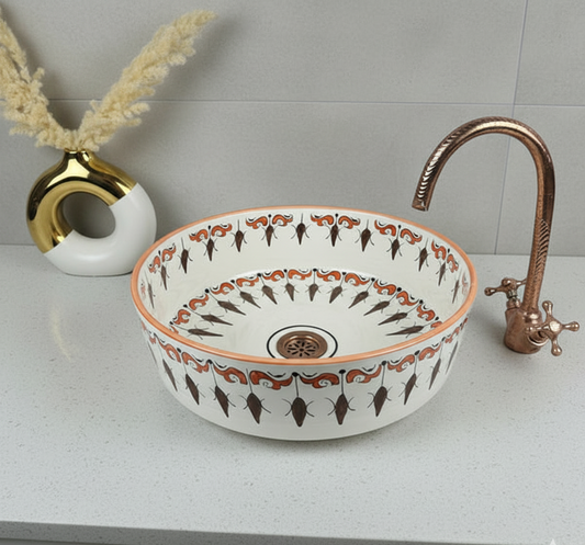 Moroccan Hand-Painted Ceramic Sink, Round Basin with Traditional Brown Design, Perfect for Bathroom Vanities