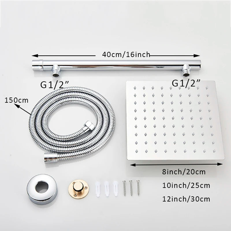 Ultra-thin Wall Mount Rainfall Shower Head With 16inch Stainless Steel Shower