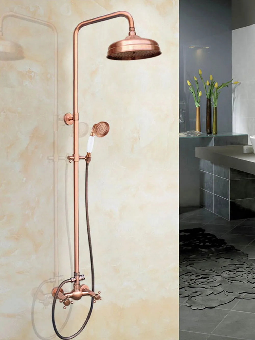 Antique Red Copper Brass Dual Cross Handles Shower Faucet