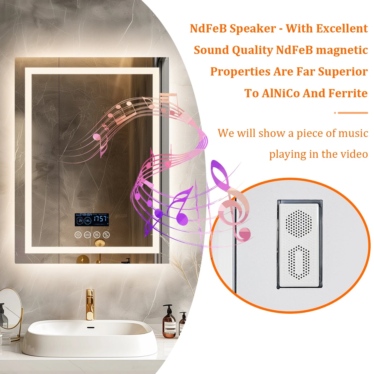 Smart Square LED Lighted Bathroom Mirror with Bluetooth Speaker