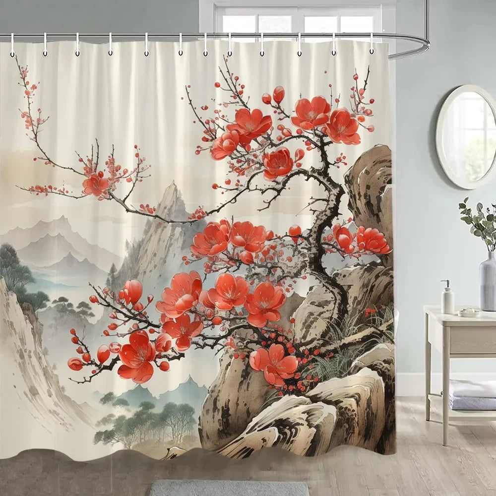 Japanese Style Flowers Bird Shower Curtain