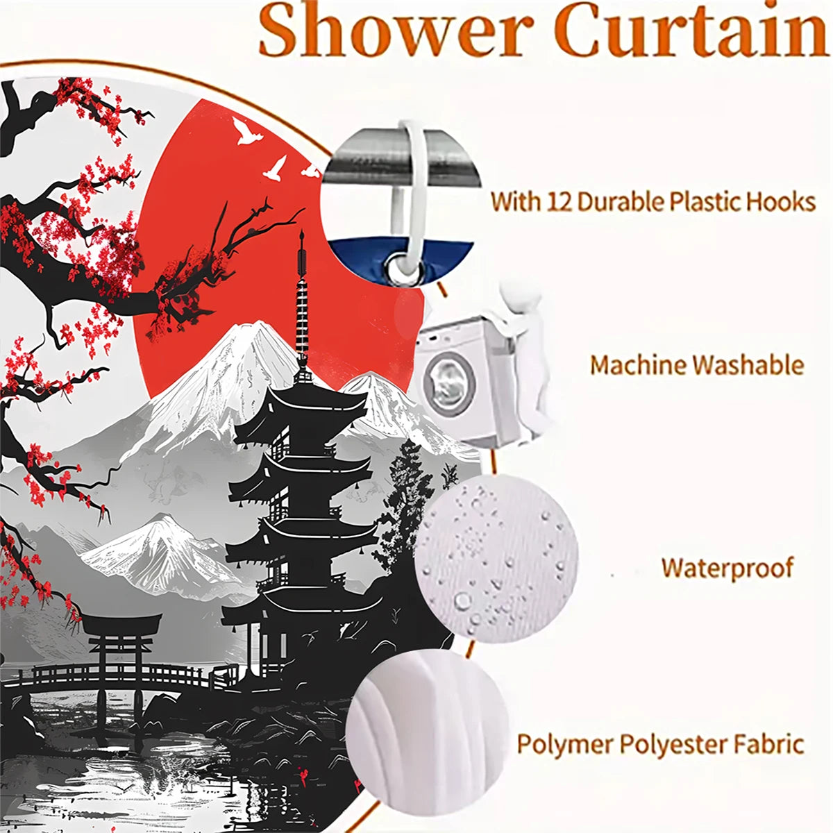 Japanese landscape pattern polyester material shower curtain waterproof