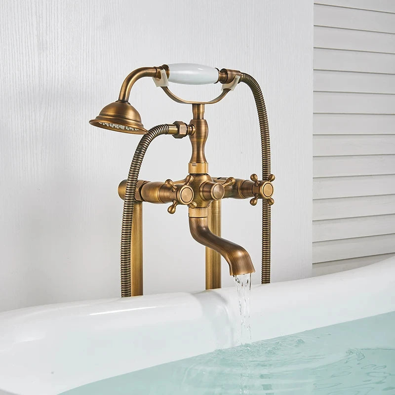 Antique Brass Floor Mounted Bathtub Shower Faucet