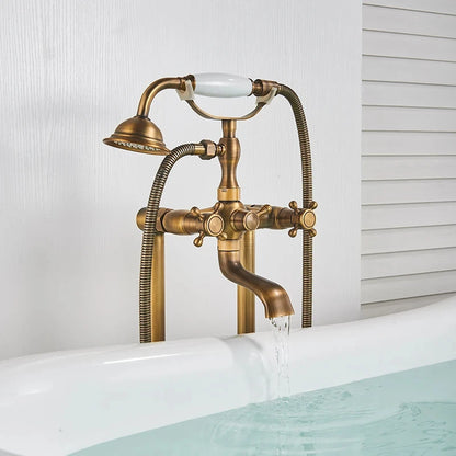 Antique Brass Floor Mounted Bathtub Shower Faucet