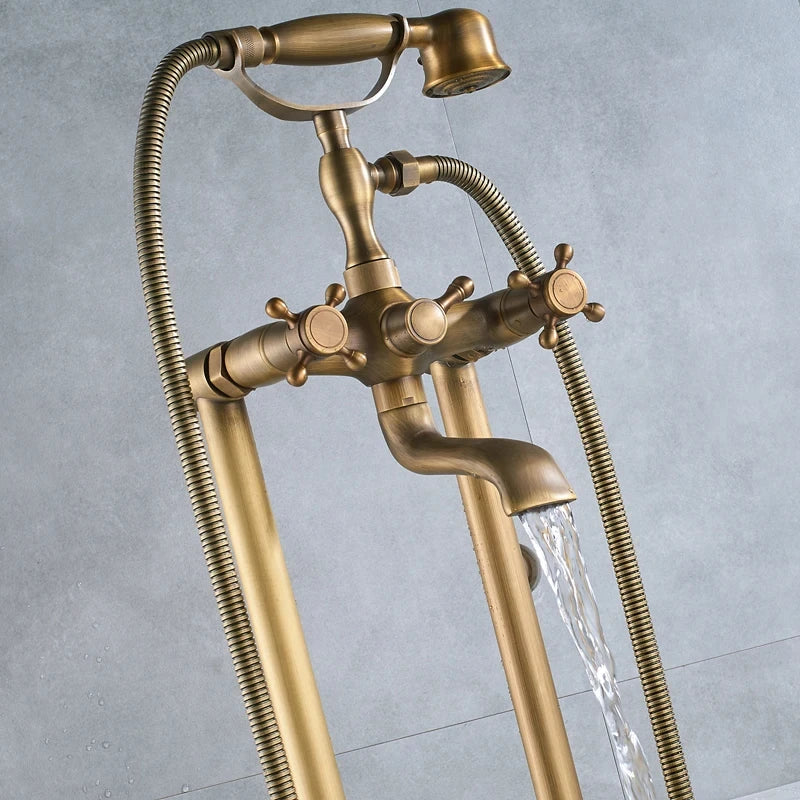 Antique Brass Floor Mounted Bathtub Shower Faucet