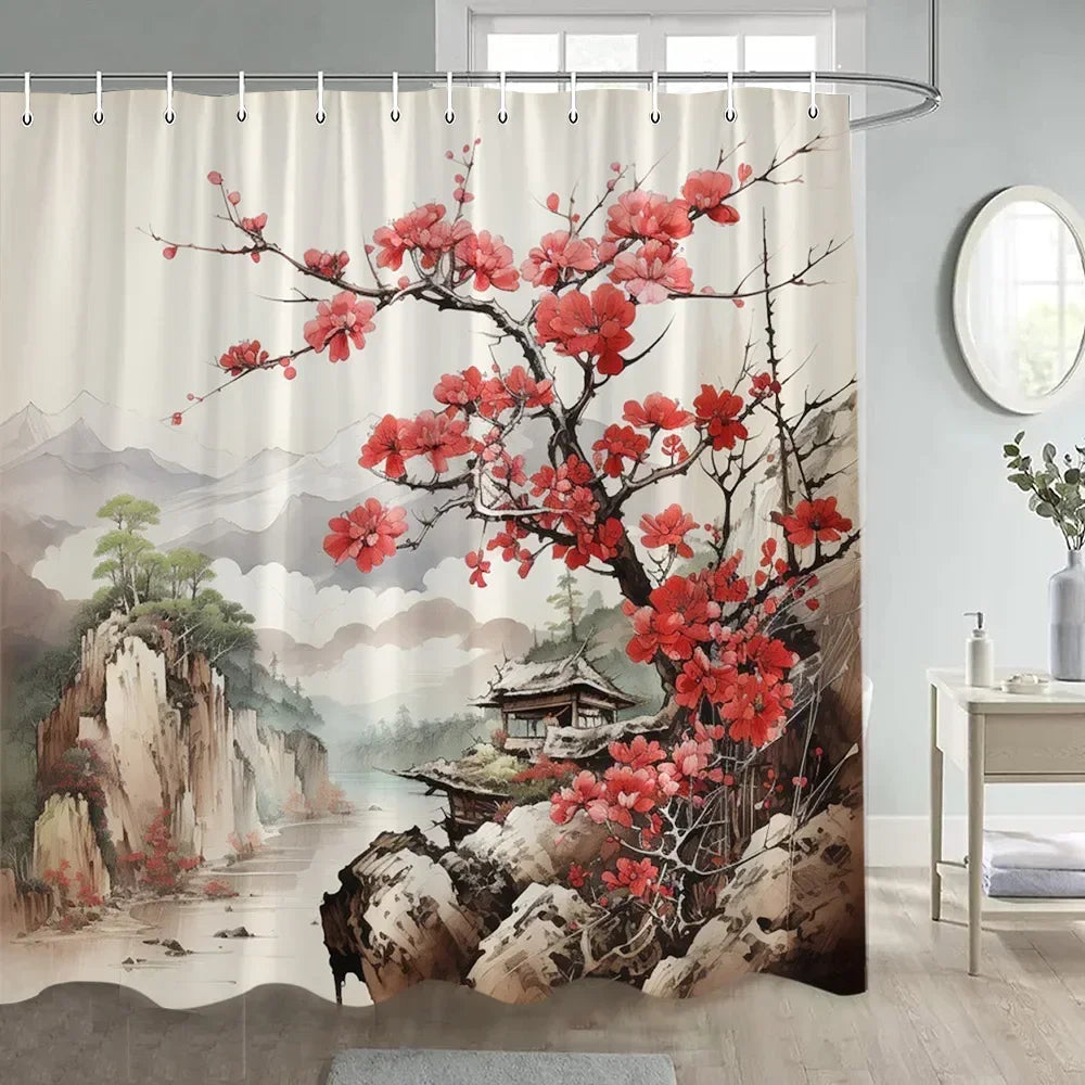 Japanese Style Flowers Bird Shower Curtain
