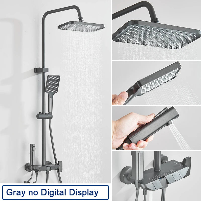 Black Smart Digital Display Shower Faucet Set Piano Style Rainlfall Bathroom System Grey Digital Mixer Tap Bidet Shower