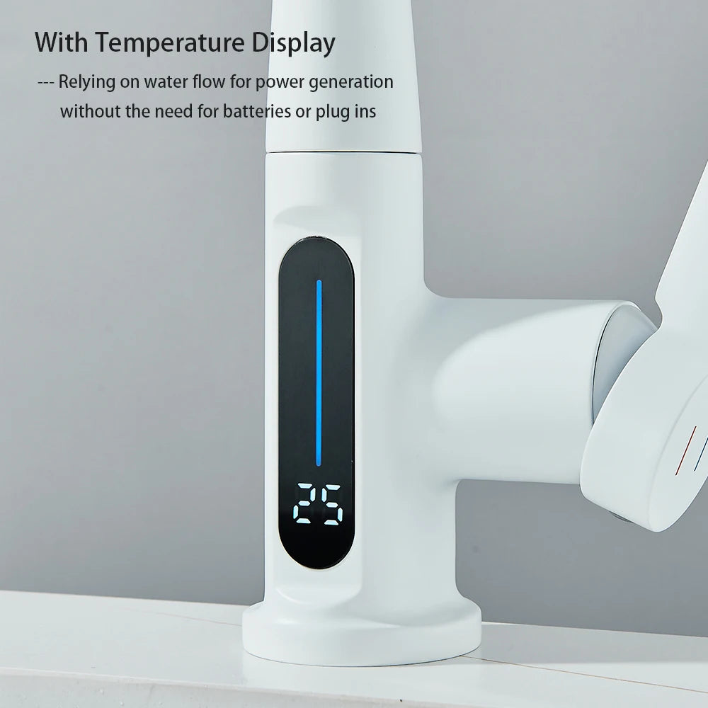 White Bathroom Basin Faucet with Temperature Digital Display