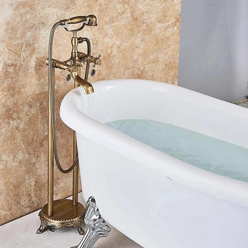 Antique Brass Floor Mounted Bathtub Shower Faucet