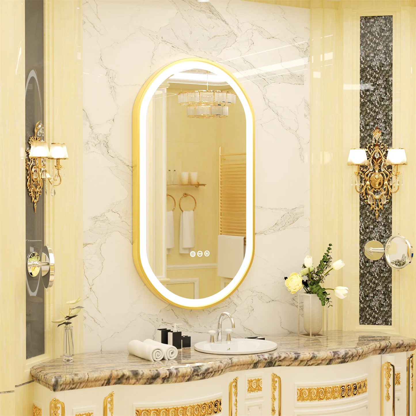 Gold Frame Oval Bathroom Mirror LED Light