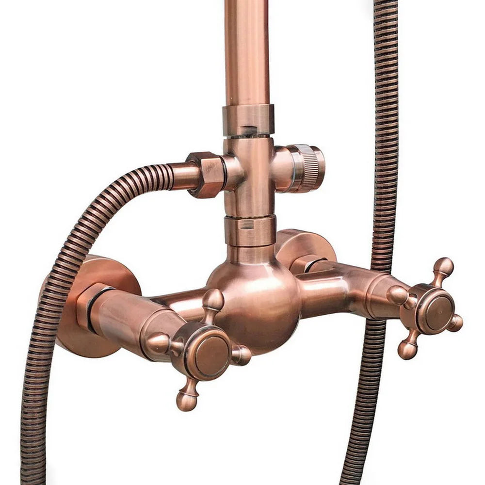 Antique Red Copper Brass Dual Cross Handles Shower Faucet