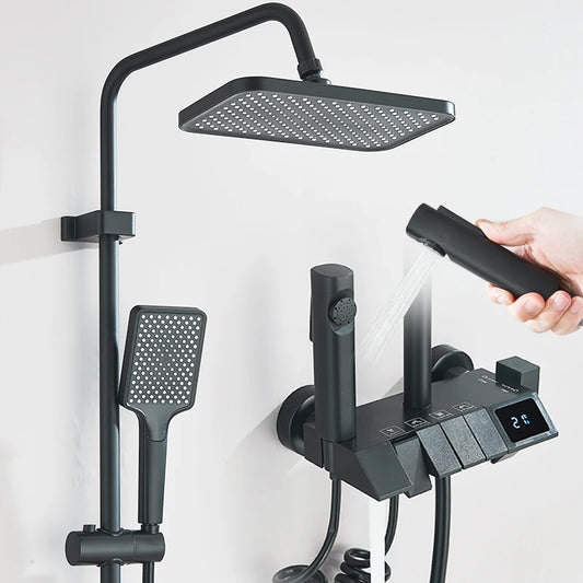 Black Smart Digital Display Shower Faucet Set Piano Style Rainlfall Bathroom System Grey Digital Mixer Tap Bidet Shower