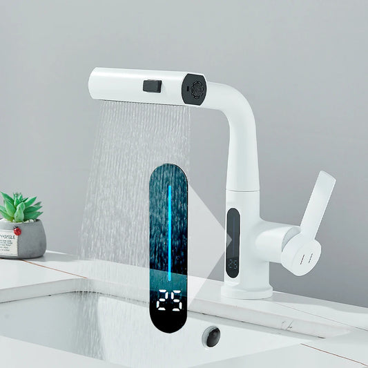 White Bathroom Basin Faucet with Temperature Digital Display