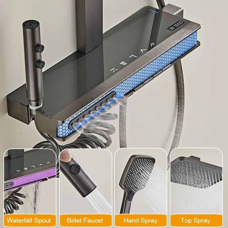 Grey Bathroom Shower Faucet Digital Display Bathroom Rain Shower Faucet Set Shower System Ambient Light Back massage