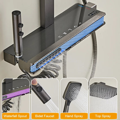 Grey Bathroom Shower Faucet Digital Display Bathroom Rain Shower Faucet Set Shower System Ambient Light Back massage