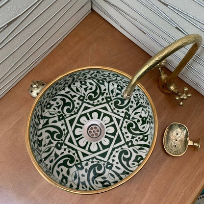 Green sink morocco Gold 14k - Add a Touch of Luxury with a Moroccan Washbasin in Golden green - Handcrafted Washbasin for a Unique Bathroom.