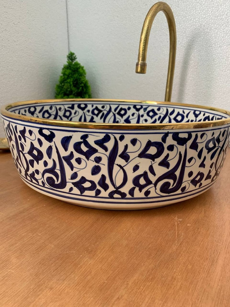 Lavatory Gold 14k with Moroccan ceramic design, Traditional craftsmanship in vessel sink, Gift of handcrafted and Hand-painted washbasin
