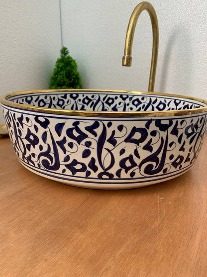 Lavatory Gold 14k with Moroccan ceramic design, Traditional craftsmanship in vessel sink, Gift of handcrafted and Hand-painted washbasin