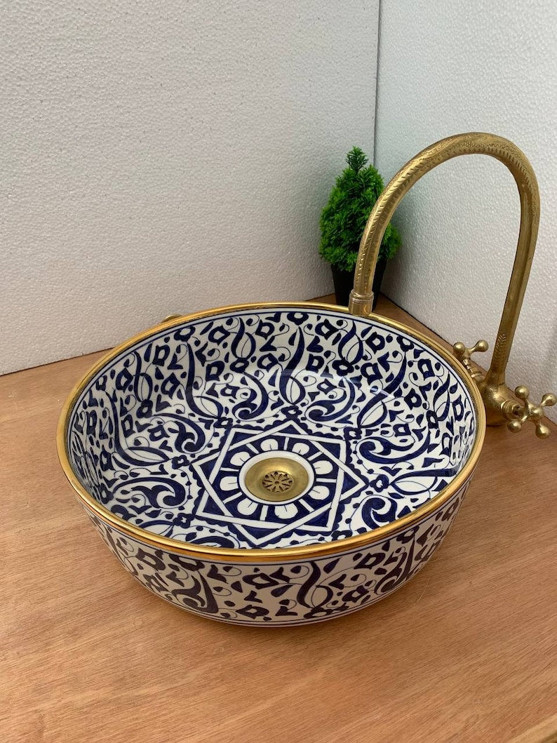 Lavatory Gold 14k with Moroccan ceramic design, Traditional craftsmanship in vessel sink, Gift of handcrafted and Hand-painted washbasin