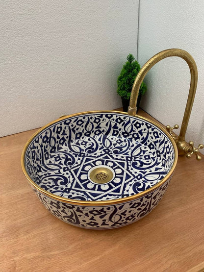 Lavatory Gold 14k with Moroccan ceramic design, Traditional craftsmanship in vessel sink, Gift of handcrafted and Hand-painted washbasin