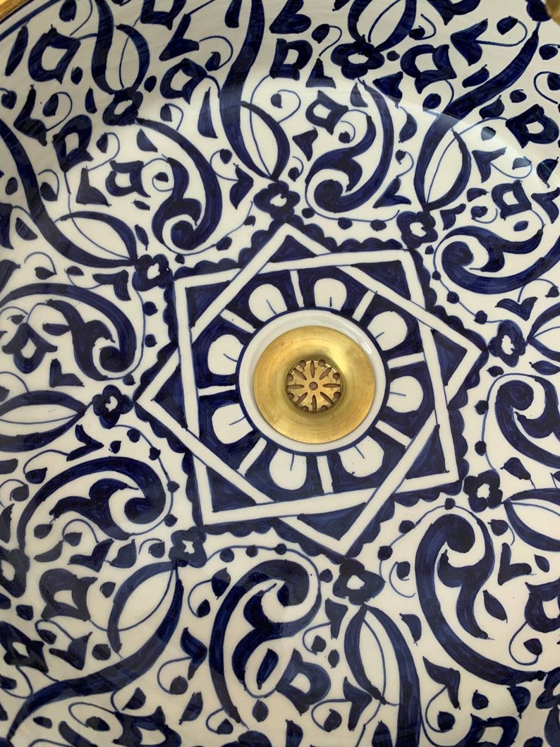 Lavatory Gold 14k with Moroccan ceramic design, Traditional craftsmanship in vessel sink, Gift of handcrafted and Hand-painted washbasin