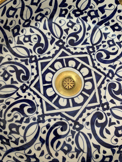 Lavatory Gold 14k with Moroccan ceramic design, Traditional craftsmanship in vessel sink, Gift of handcrafted and Hand-painted washbasin