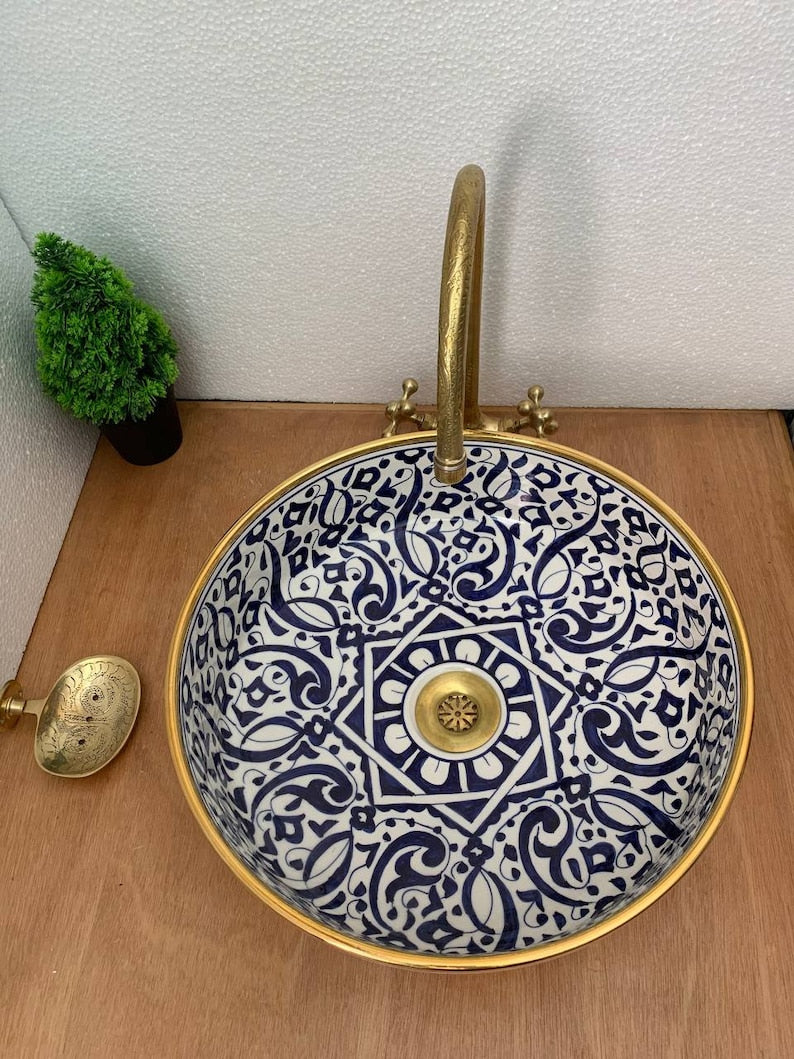 Lavatory Gold 14k with Moroccan ceramic design, Traditional craftsmanship in vessel sink, Gift of handcrafted and Hand-painted washbasin