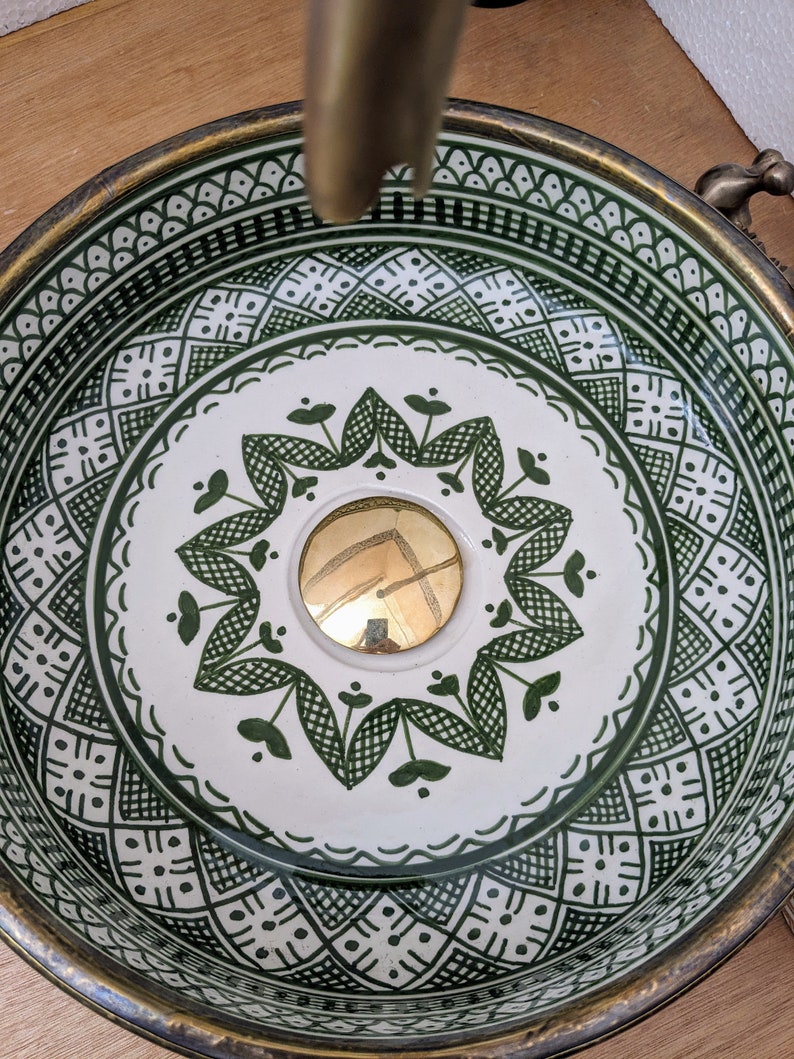 Lily - Modern Moroccan handmade washbowl with brass rim complements lavatory
