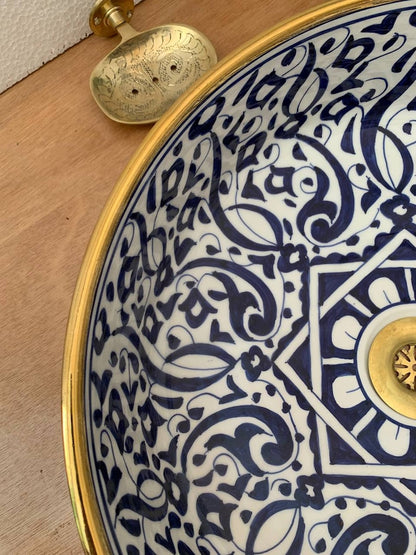 Lavatory Gold 14k with Moroccan ceramic design, Traditional craftsmanship in vessel sink, Gift of handcrafted and Hand-painted washbasin