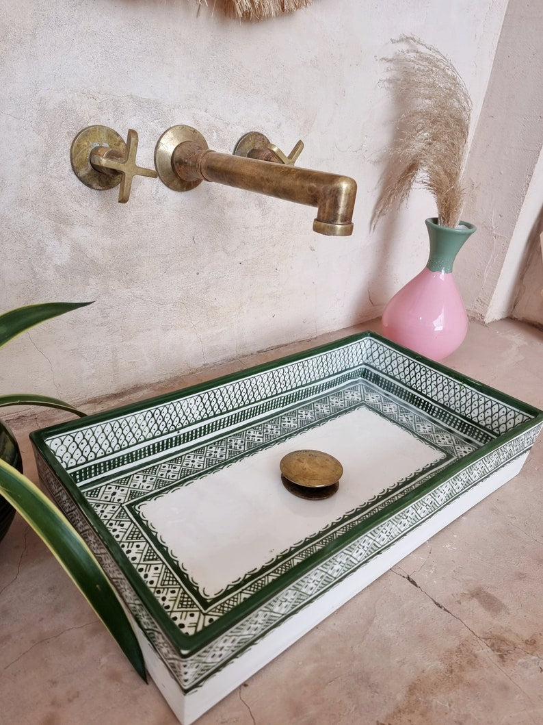 Moroccan washbasin sink, 100% handmade, Fish handpainted, Bathroom decoration, kitchen decor, Green ceramic sink, Free waste and siphone.