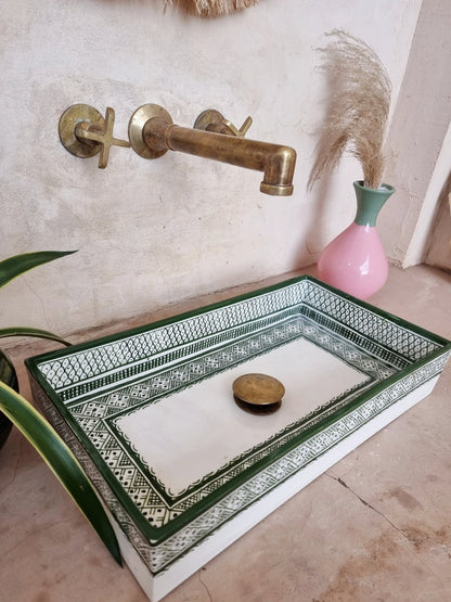 Moroccan washbasin sink, 100% handmade, Fish handpainted, Bathroom decoration, kitchen decor, Green ceramic sink, Free waste and siphone.