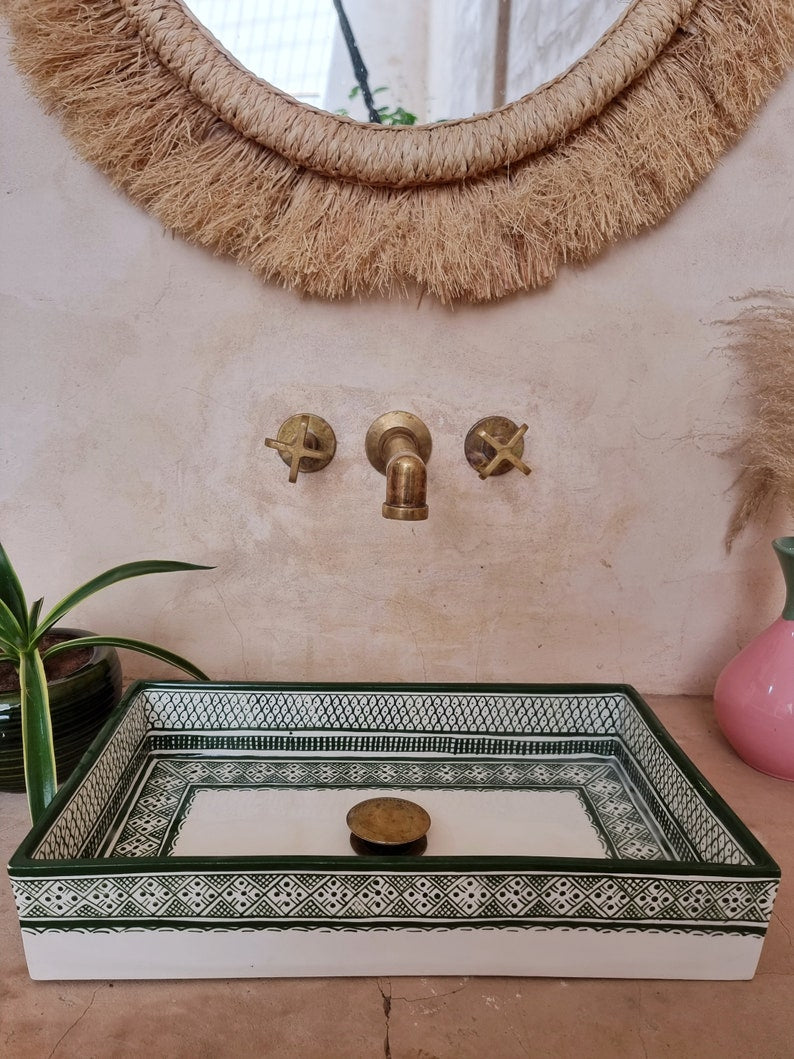 Moroccan washbasin sink, 100% handmade, Fish handpainted, Bathroom decoration, kitchen decor, Green ceramic sink, Free waste and siphone.