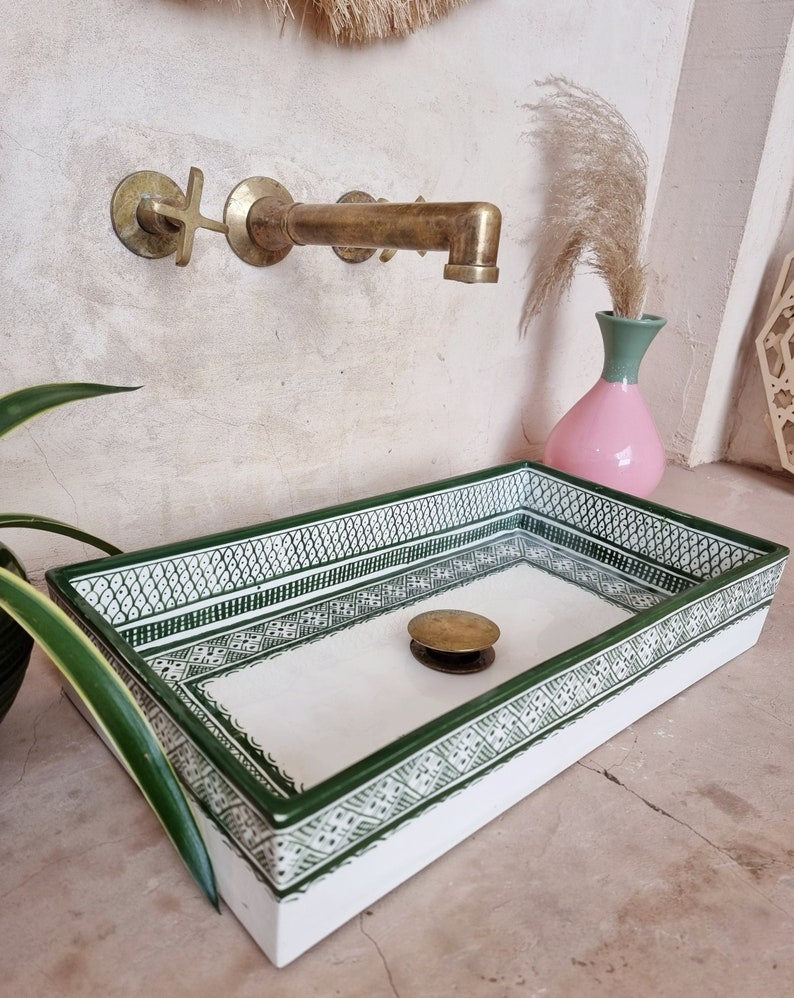 Moroccan washbasin sink, 100% handmade, Fish handpainted, Bathroom decoration, kitchen decor, Green ceramic sink, Free waste and siphone.