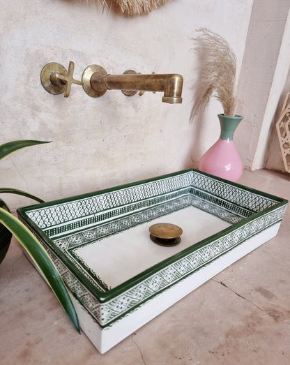 Moroccan washbasin sink, 100% handmade, Fish handpainted, Bathroom decoration, kitchen decor, Green ceramic sink, Free waste and siphone.