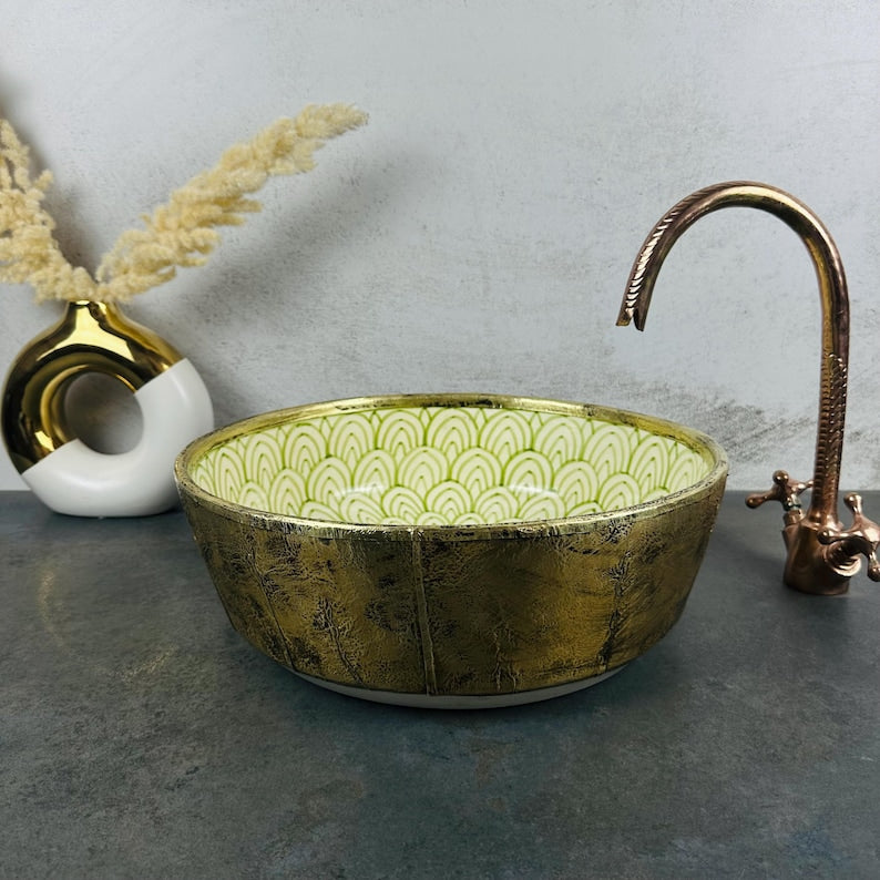 Mixed brass & ceramic bathroom sink - countertop mid century natural modern washbasin sink - farmhouse brass sink