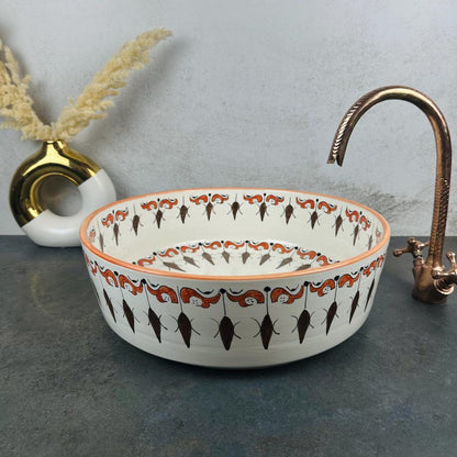 Moroccan Hand-Painted Ceramic Sink, Round Basin with Traditional Brown Design, Perfect for Bathroom Vanities