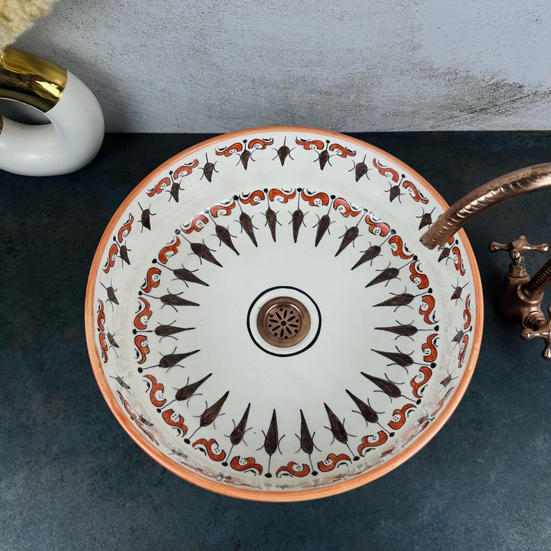 Moroccan Hand-Painted Ceramic Sink, Round Basin with Traditional Brown Design, Perfect for Bathroom Vanities