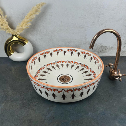 Moroccan Hand-Painted Ceramic Sink, Round Basin with Traditional Brown Design, Perfect for Bathroom Vanities