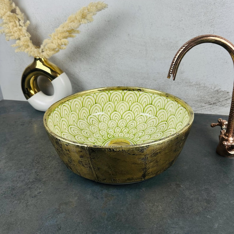 Mixed brass & ceramic bathroom sink - countertop mid century natural modern washbasin sink - farmhouse brass sink