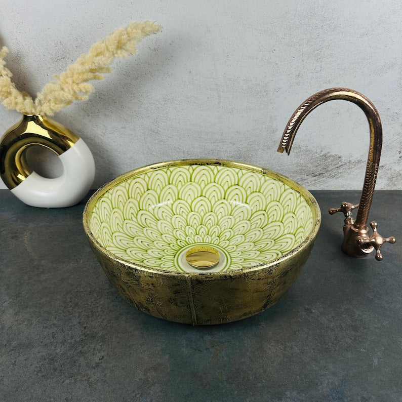 Mixed brass & ceramic bathroom sink - countertop mid century natural modern washbasin sink - farmhouse brass sink