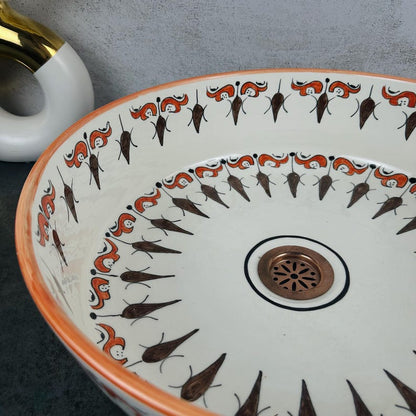 Moroccan Hand-Painted Ceramic Sink, Round Basin with Traditional Brown Design, Perfect for Bathroom Vanities
