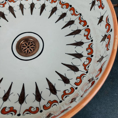 Moroccan Hand-Painted Ceramic Sink, Round Basin with Traditional Brown Design, Perfect for Bathroom Vanities