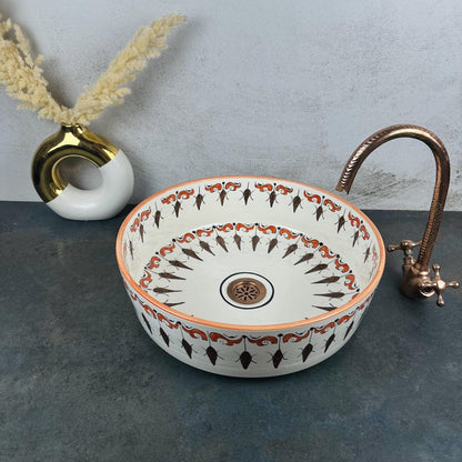 Moroccan Hand-Painted Ceramic Sink, Round Basin with Traditional Brown Design, Perfect for Bathroom Vanities